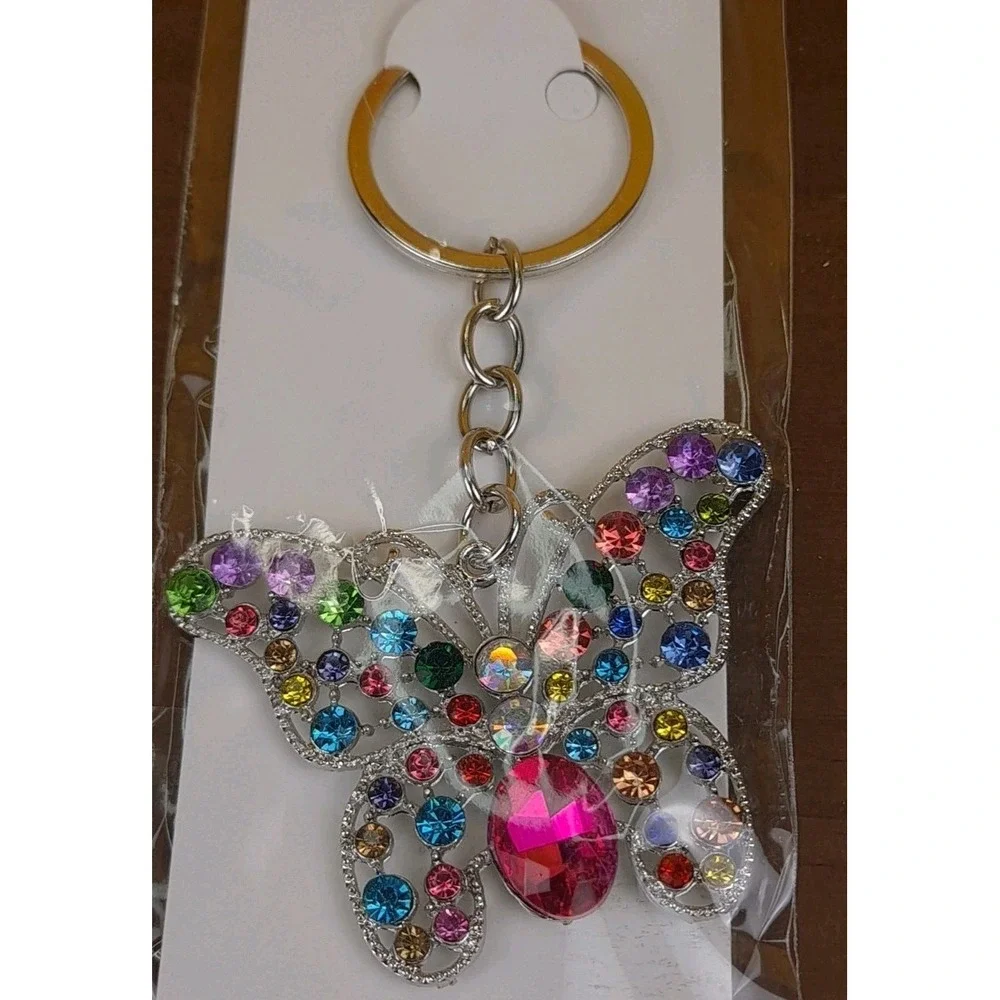 NIP Crystal Collection‎ Multicolor Crystal Butterfly Silver Tone Keychain